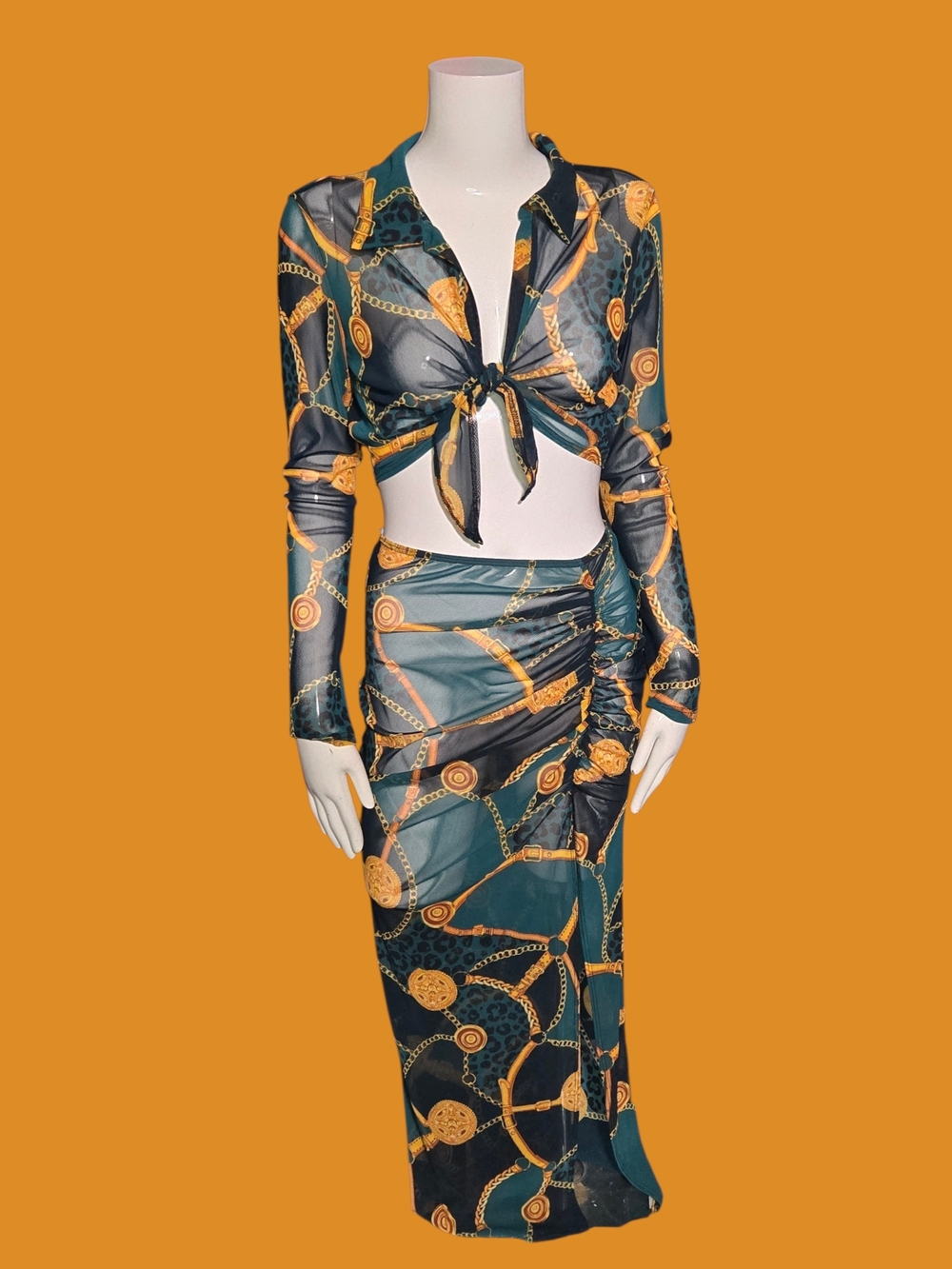 Chain-Print Green & Gold Two-Piece Skirt Set